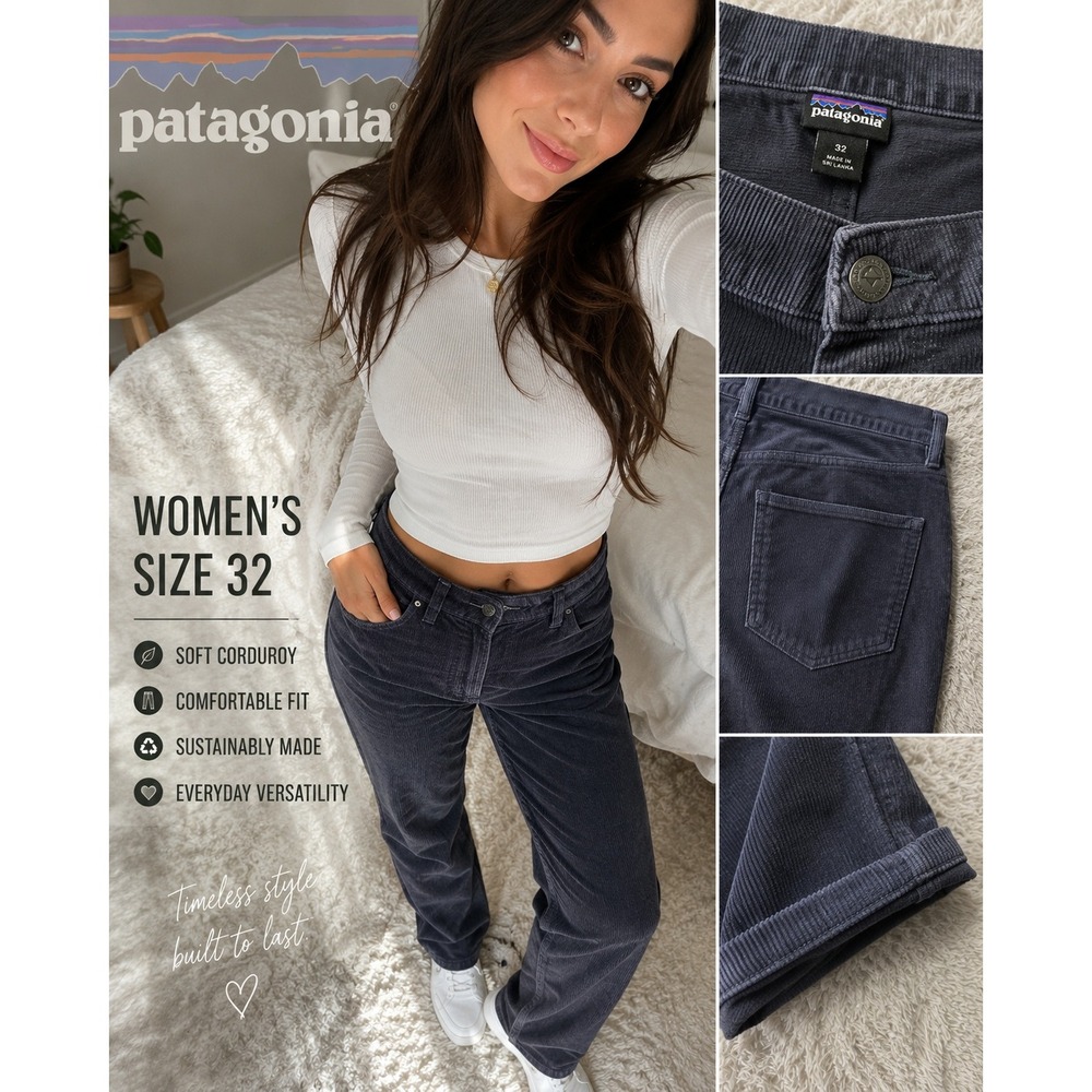 Patagonia Women 32 Corduroy Pants Navy Blue Grey Slim Straight Organic Cotton